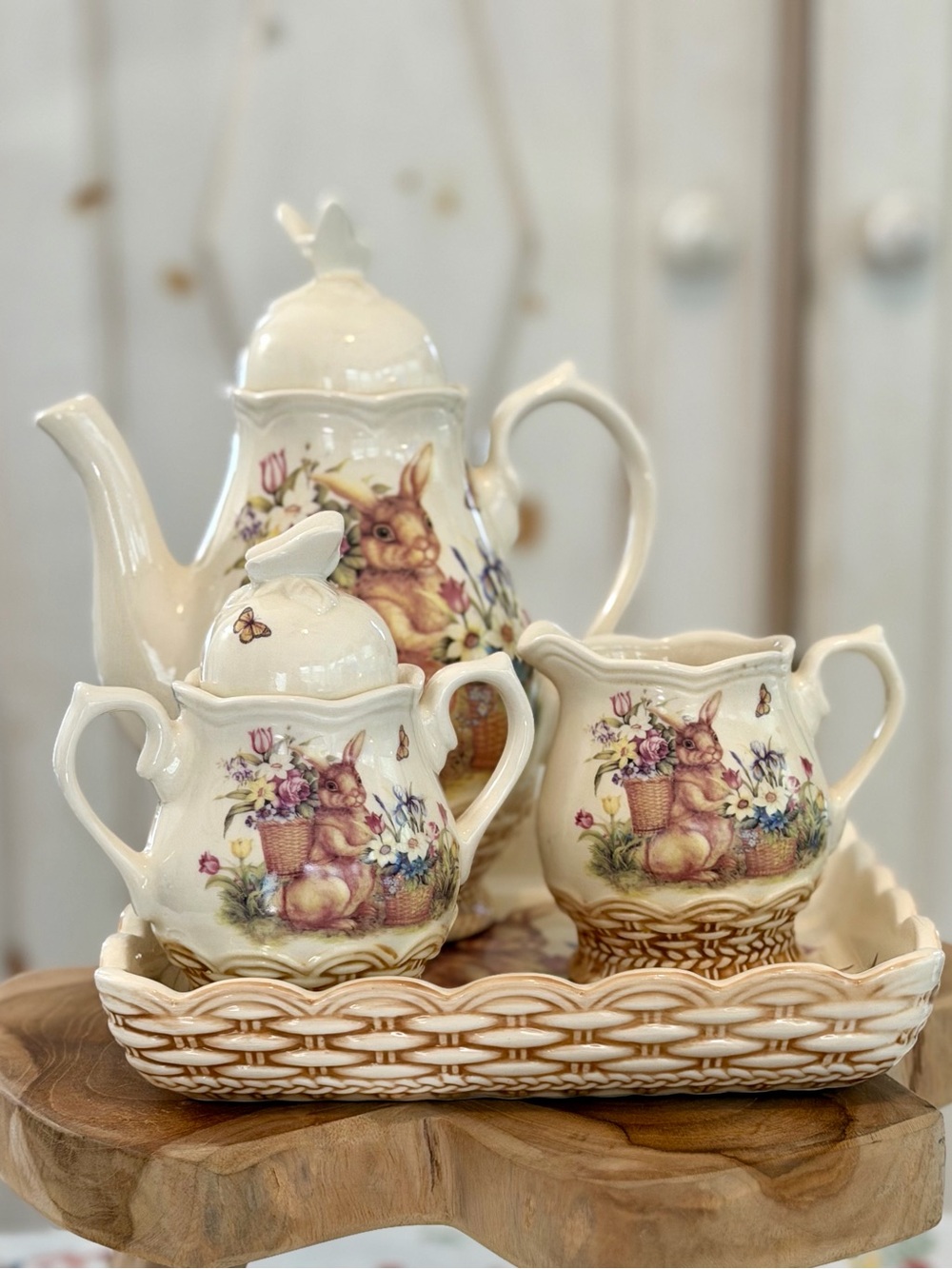 Vintage Cracker Barrel Cream Bunny Floral Tea Set